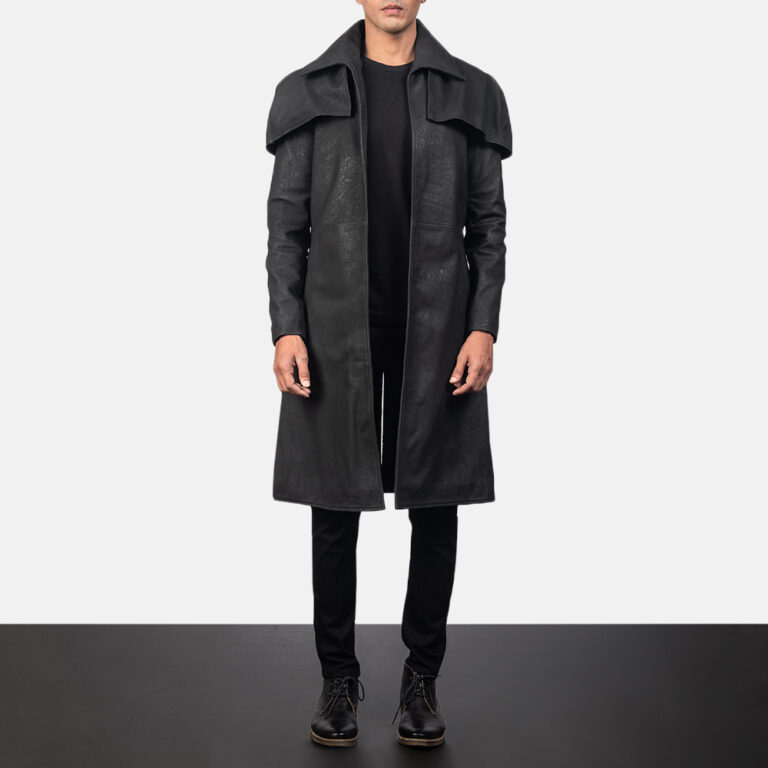 Mens Classic Distressed Black Leather Duster4410-2-1557052854185